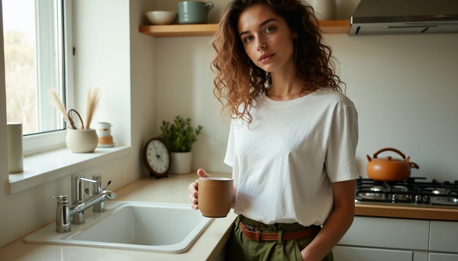 A woman in a white tee tucked into wide-leg olive trousers styled for an everyday casual look