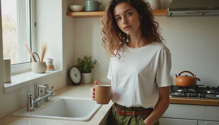White tee outfit idea 1 — the relaxed tuck with wide-leg trousers A woman in a white tee tucked into wide-leg olive trousers styled for an everyday casual look