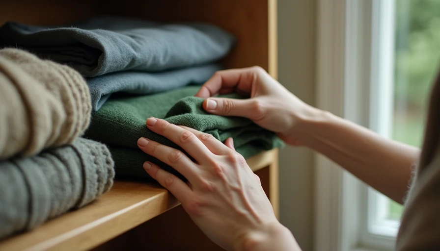 Close-up of hands folding a mended wool sweater on a wooden shelf stacked with sustainable clothing