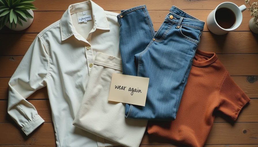Building a wardrobe with intention — the foundation of The Worn Edit A curated flat lay of secondhand clothing pieces arranged on a wooden floor with natural light
