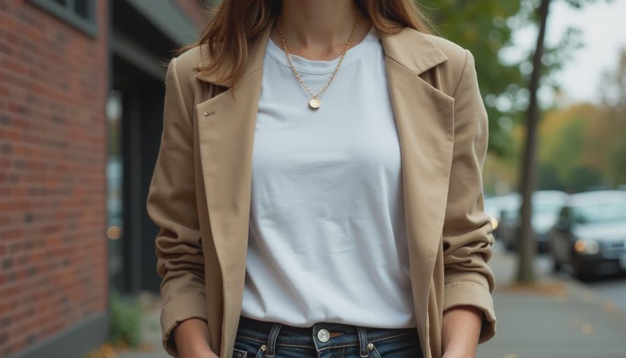 White tee outfit idea 5 — layered under a blazer for an effortless smart-casual look