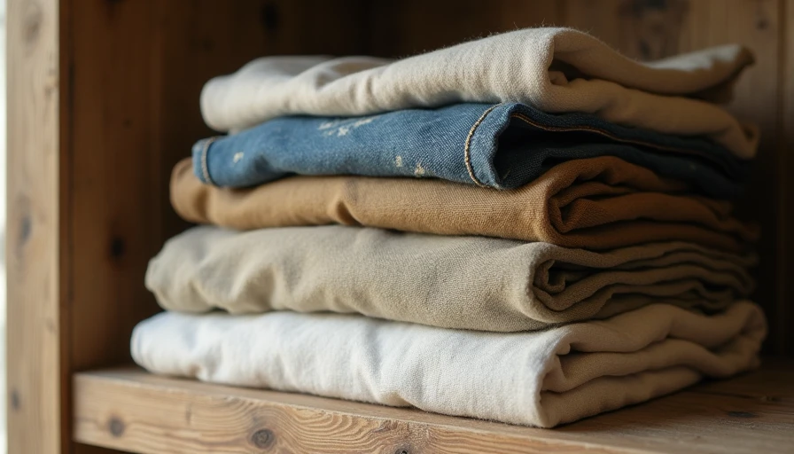 A neatly folded stack of natural-fiber clothing in earth tones on a wooden shelf, showing real wear and texture