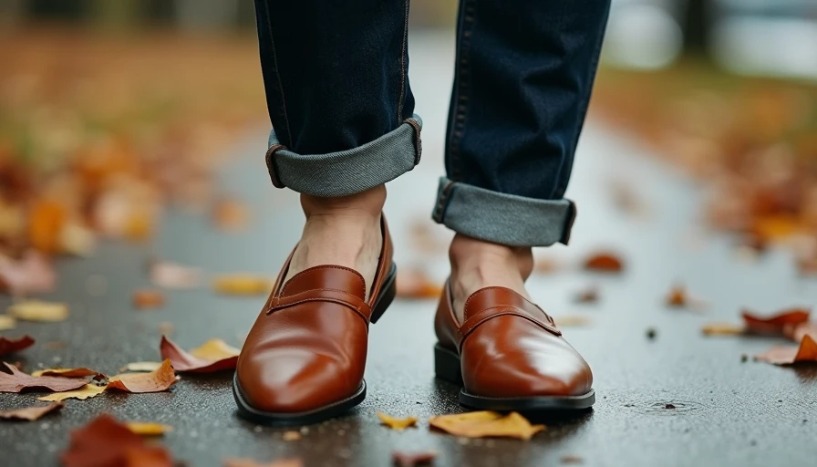 A woman walking on a Portland autumn sidewalk wearing dark jeans and cognac leather loafers