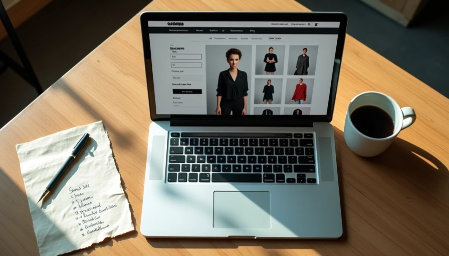 Laptop showing secondhand fashion website filters with a handwritten brand research list beside it