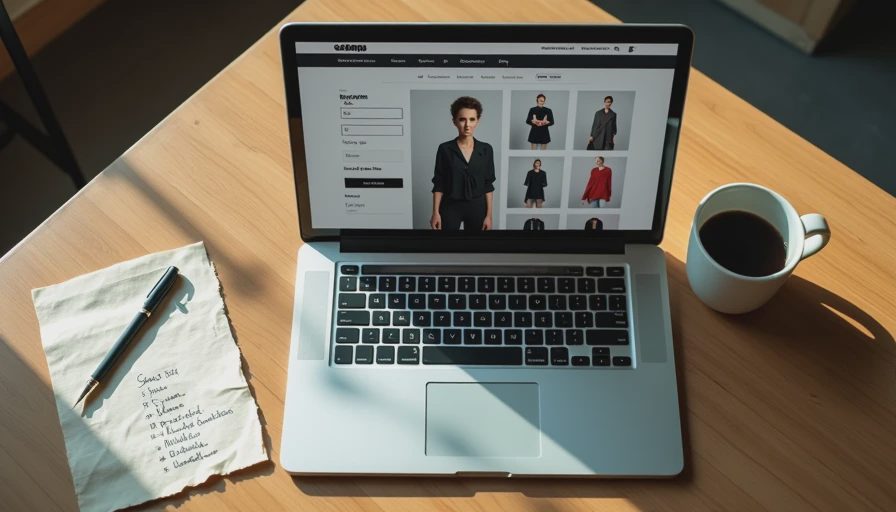 How to use ThredUp filters strategically to find quality designer secondhand pieces Laptop showing secondhand fashion website filters with a handwritten brand research list beside it