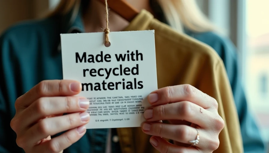 A woman reading the fine print on a fashion hangtag that claims to be made with recycled materials