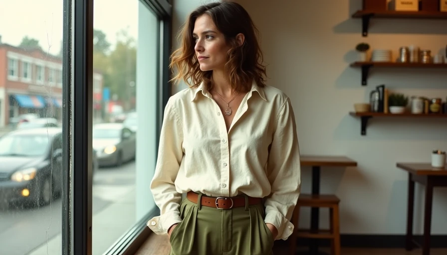 A woman in a confident, repeat-wear outfit standing in a Portland coffee shop during a low-buy fashion month
