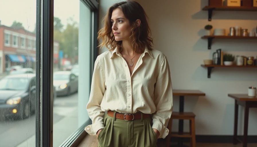 What getting dressed looks like during a low-buy month — working with what you already own A woman in a confident, repeat-wear outfit standing in a Portland coffee shop during a low-buy fashion month