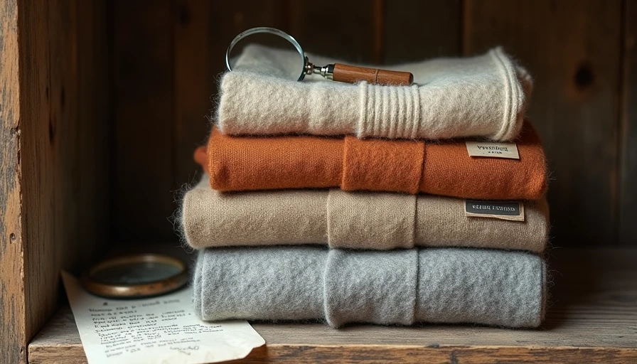 Three folded sweaters in different wool and cashmere blends on a wooden shelf, labeled with fiber content, showing different aging patterns