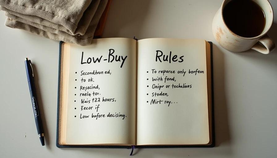 A handwritten low-buy fashion challenge rules list in a notebook alongside folded clothes and a coffee mug
