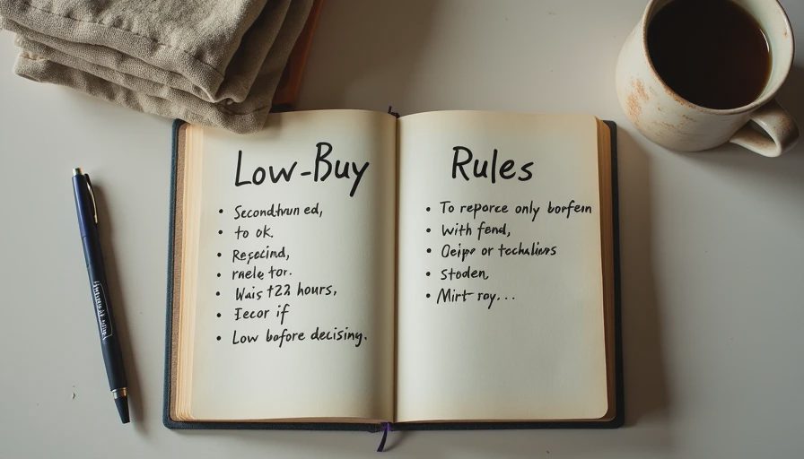 How to set realistic no-buy or low-buy fashion rules that you'll actually stick to A handwritten low-buy fashion challenge rules list in a notebook alongside folded clothes and a coffee mug