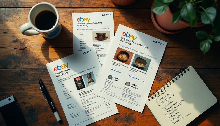 eBay sold listing printouts with handwritten price notes and a keyword strategy notebook showing secondhand research process