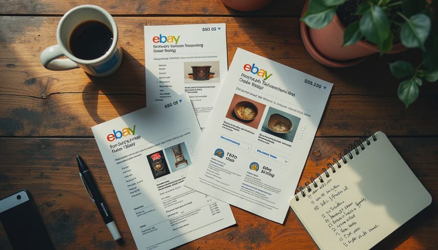 How to use eBay sold listings and keyword strategy to find quality natural fiber basics at the best prices eBay sold listing printouts with handwritten price notes and a keyword strategy notebook showing secondhand research process