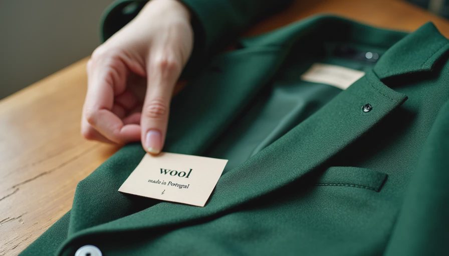 What quality construction looks like in a mid-tier sustainable wool blazer — fabric, stitching, and material detail