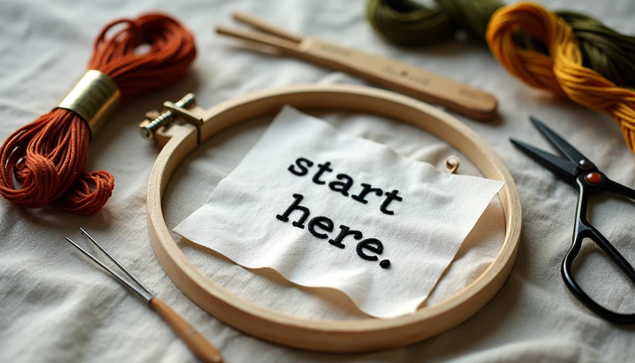 A beginner visible mending kit with embroidery hoop, floss in earthy tones, scissors, and a practice fabric with running stitch work
