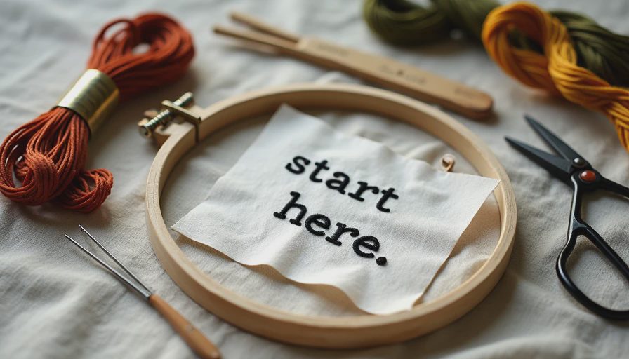 Everything you need to start visible mending — a simple beginner kit that doesn't require craft experience A beginner visible mending kit with embroidery hoop, floss in earthy tones, scissors, and a practice fabric with running stitch work