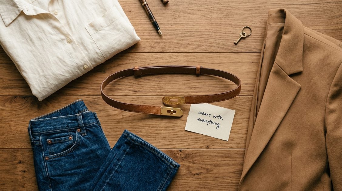 ANHAISHUILV turn-lock belt flat lay with outfit partners — The Worn Edit Flat lay of ANHAISHUILV cognac leather belt next to a cream linen shirt, straight-leg dark jeans and a camel blazer on a warm wooden surface