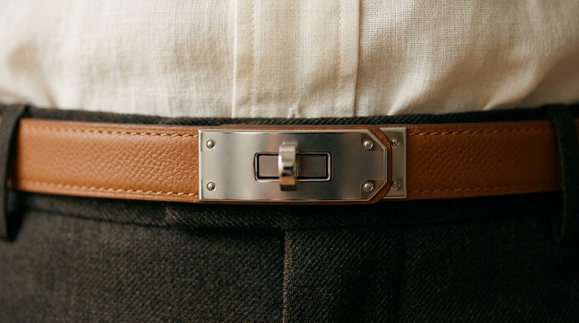 ANHAISHUILV turn-lock buckle detail — quality hardware close-up Extreme close-up of ANHAISHUILV silver turn-lock buckle on a cognac leather belt against a cream linen shirt tucked into high-waisted trousers
