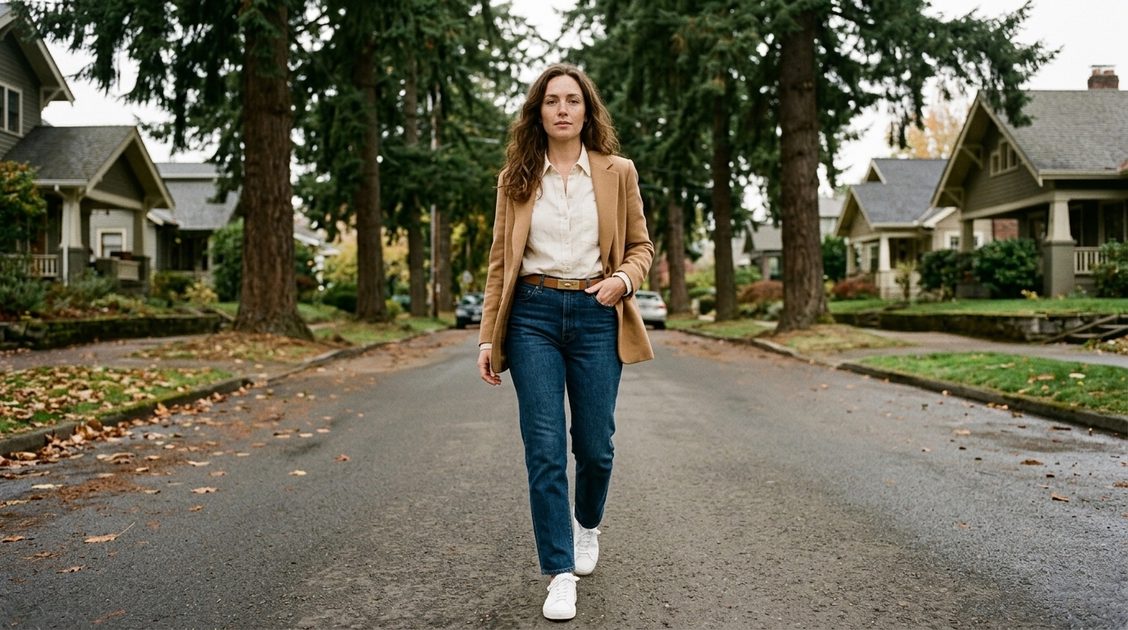 Intentional everyday outfit featuring ANHAISHUILV skinny belt — Portland street style Woman with brown wavy hair walking on a leafy Portland street wearing cream linen shirt, dark jeans, cognac turn-lock belt, open camel blazer and white sneakers