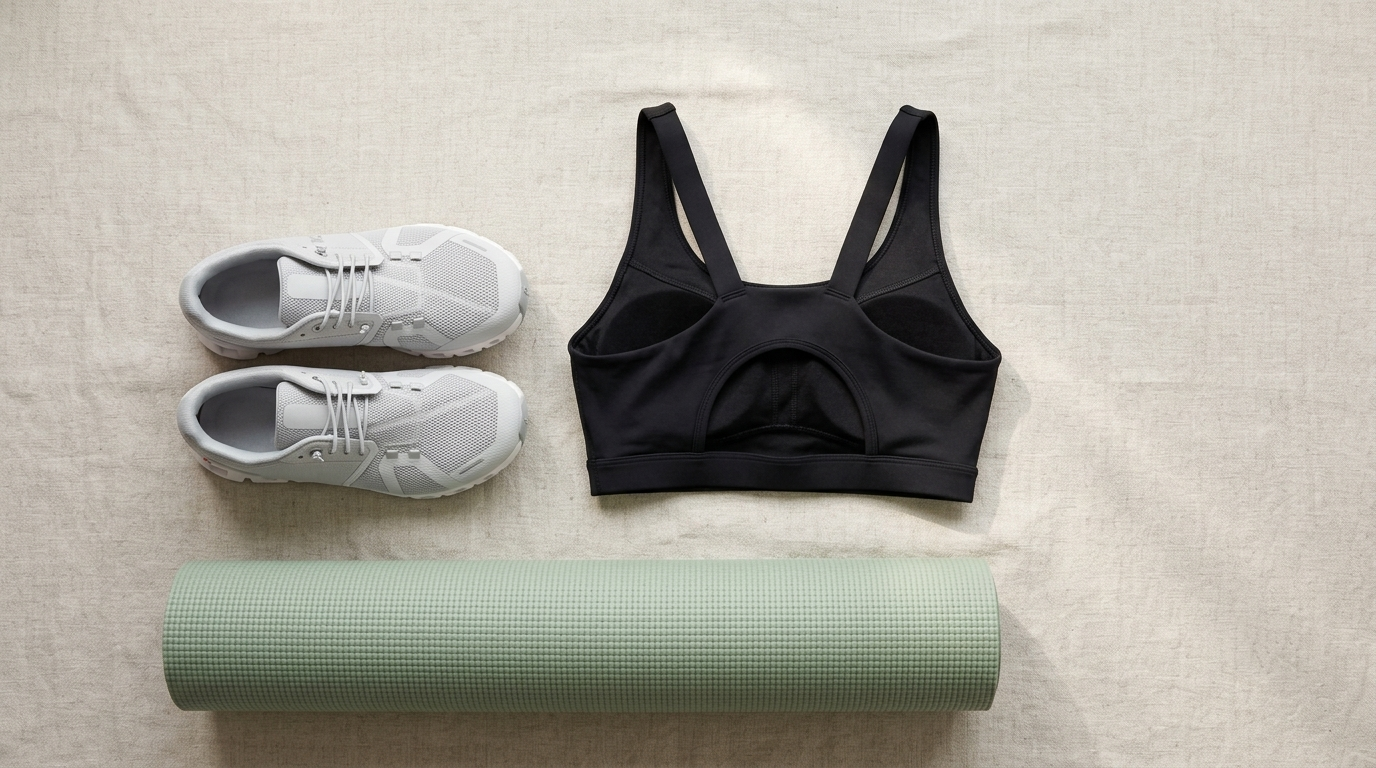 A black racerback longline sports bra with a cutout strappy back detail, folded neatly beside a pair of running shoes and a rolled yoga mat